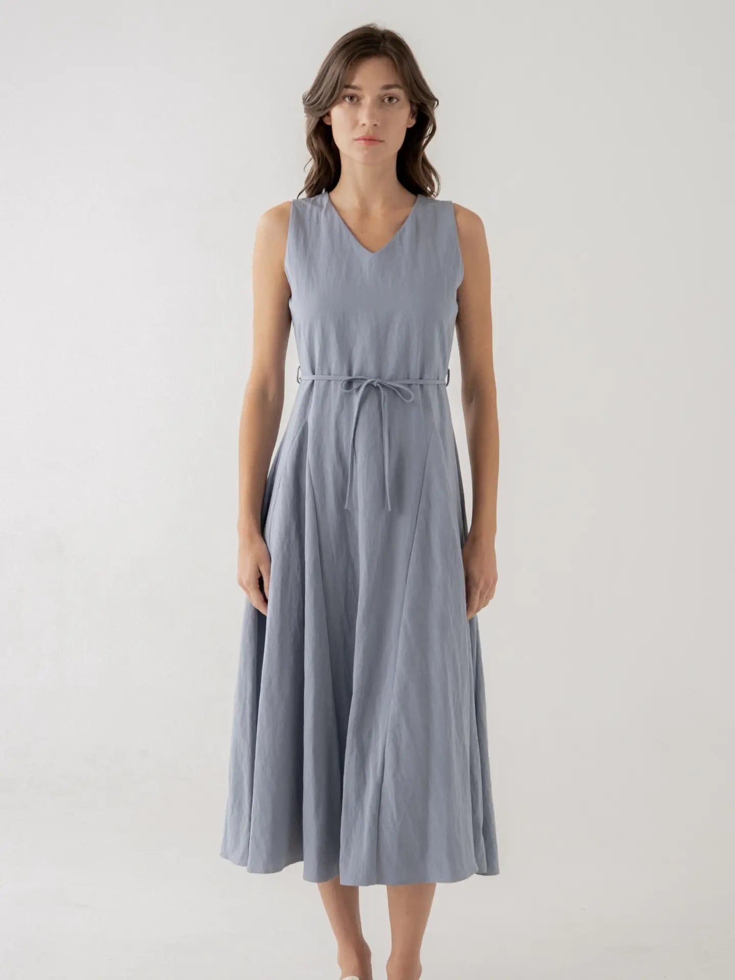 grey tie waist dress Modular Panel Midi Dress with Tie Waist