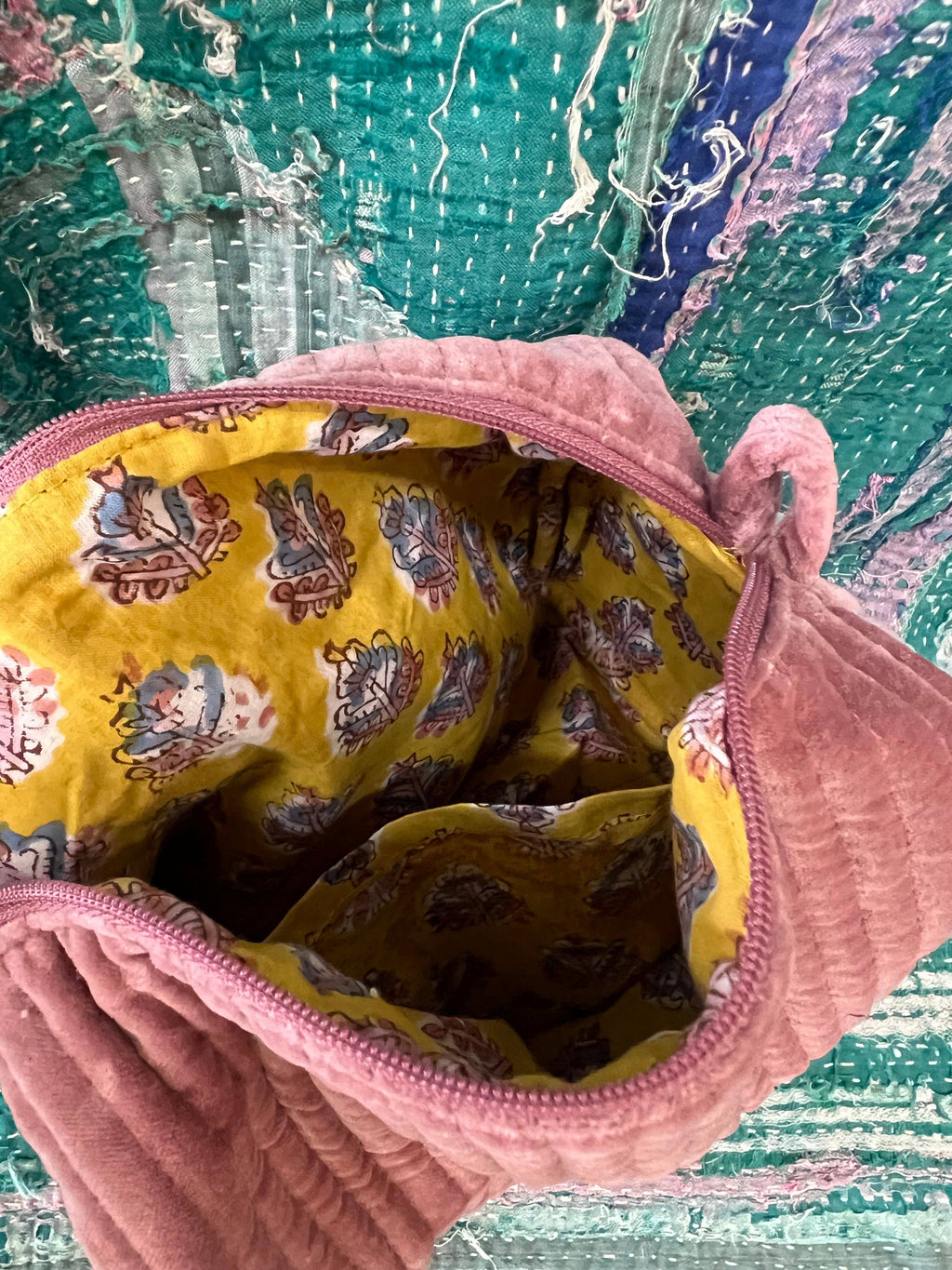 Mauve Velvet and Block Print Lined Cosmetic Pouch
