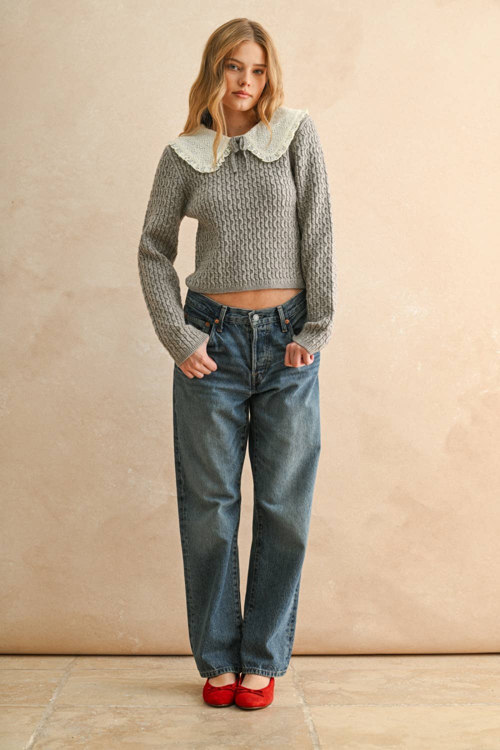 Crochet Collar Cable Knit Blouse