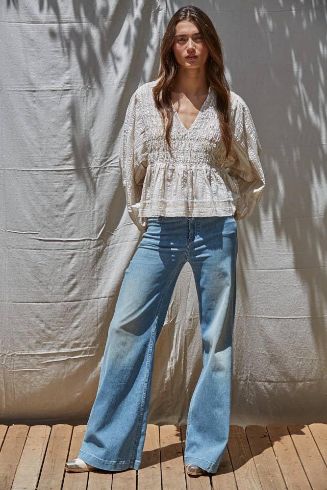 Woven Striped Collared Scoop Neck Smocked Top