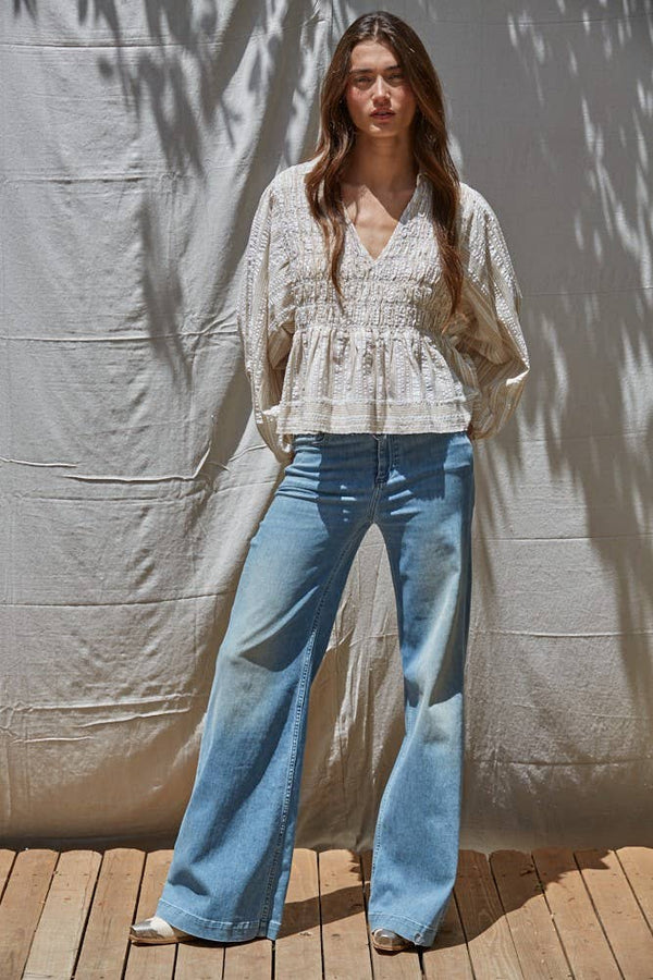 Woven Striped Collared Scoop Neck Smocked Top