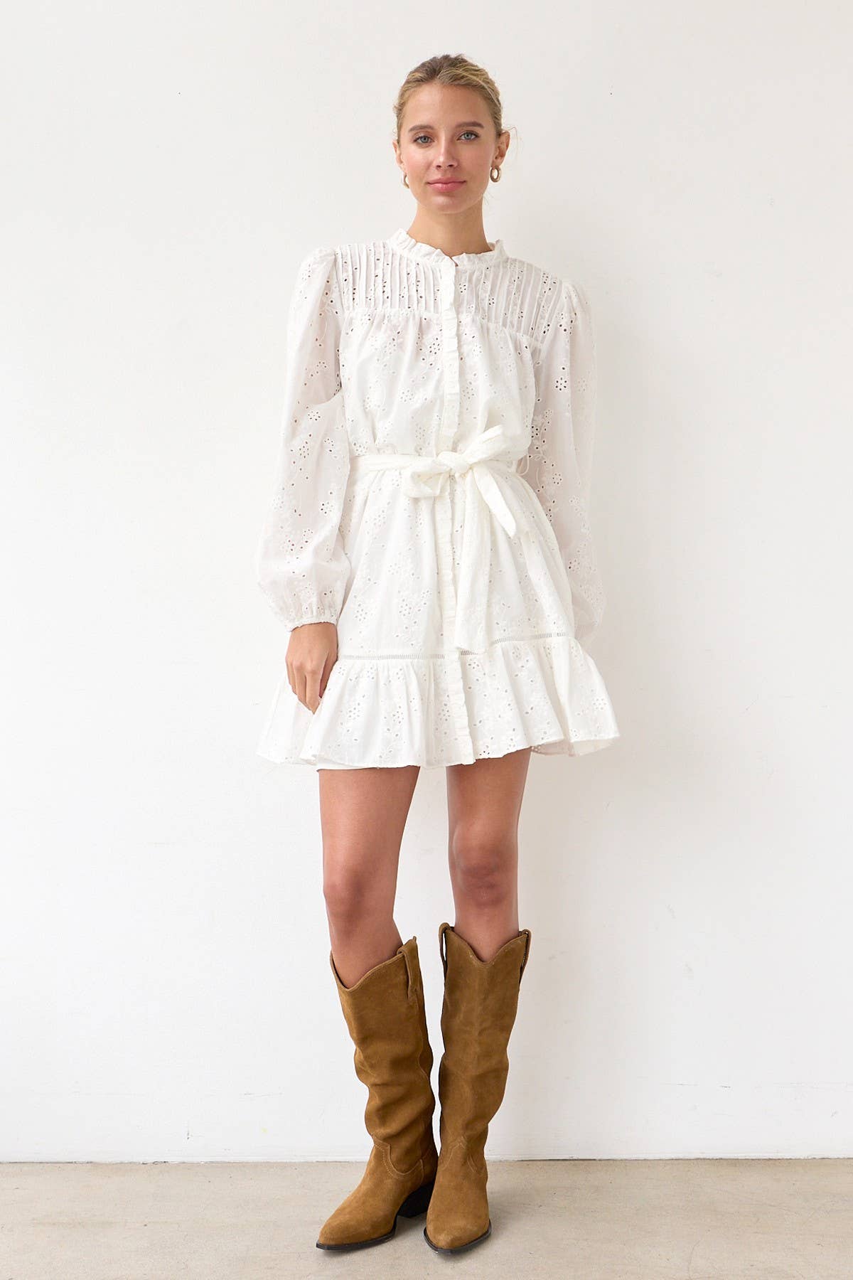 Ruffle Pintuck Dress With Tie