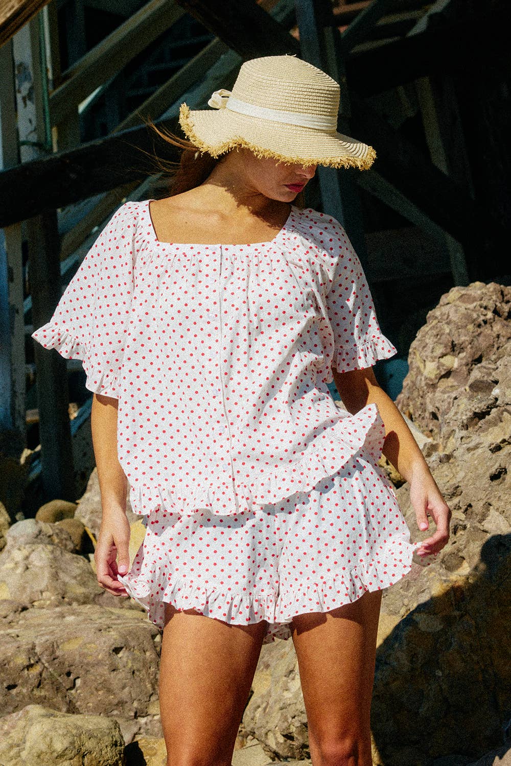 Ruffled Polka Dot Print Top