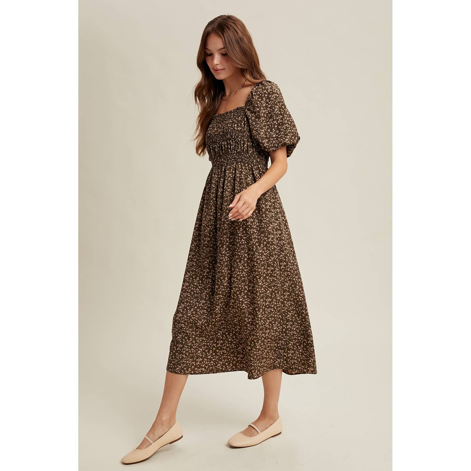 Floral Puff Sleeve Midi Dress