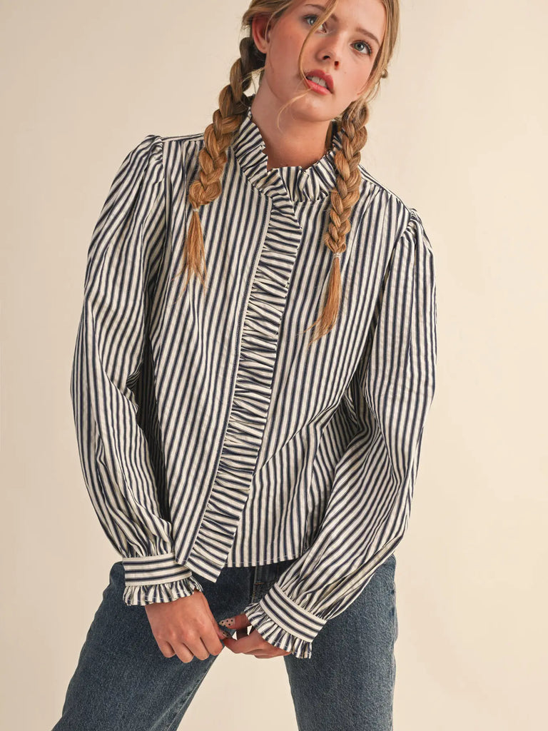 Striped Ruffled Button Down Top in Denim Blue Stripe