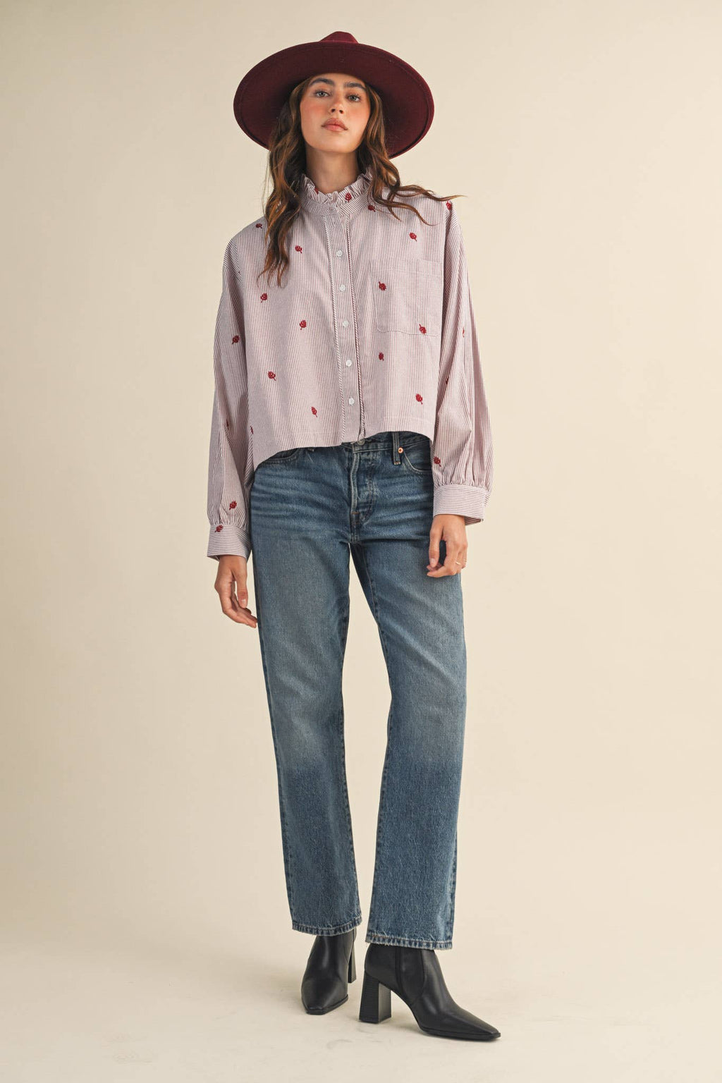 Embroidered Mock Neck Striped Button Up