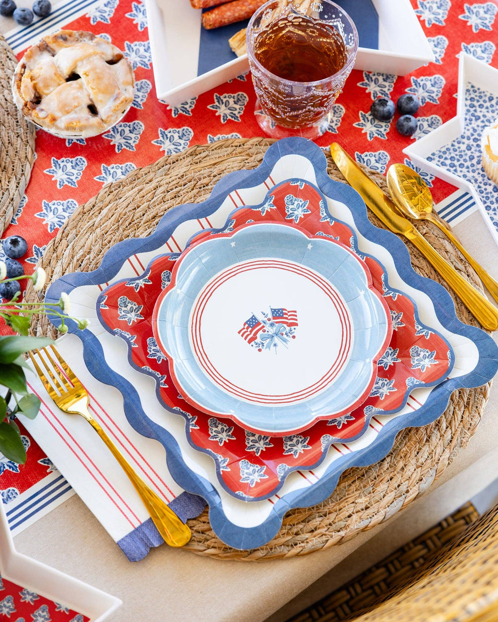 Red Block Floral Paper Plates