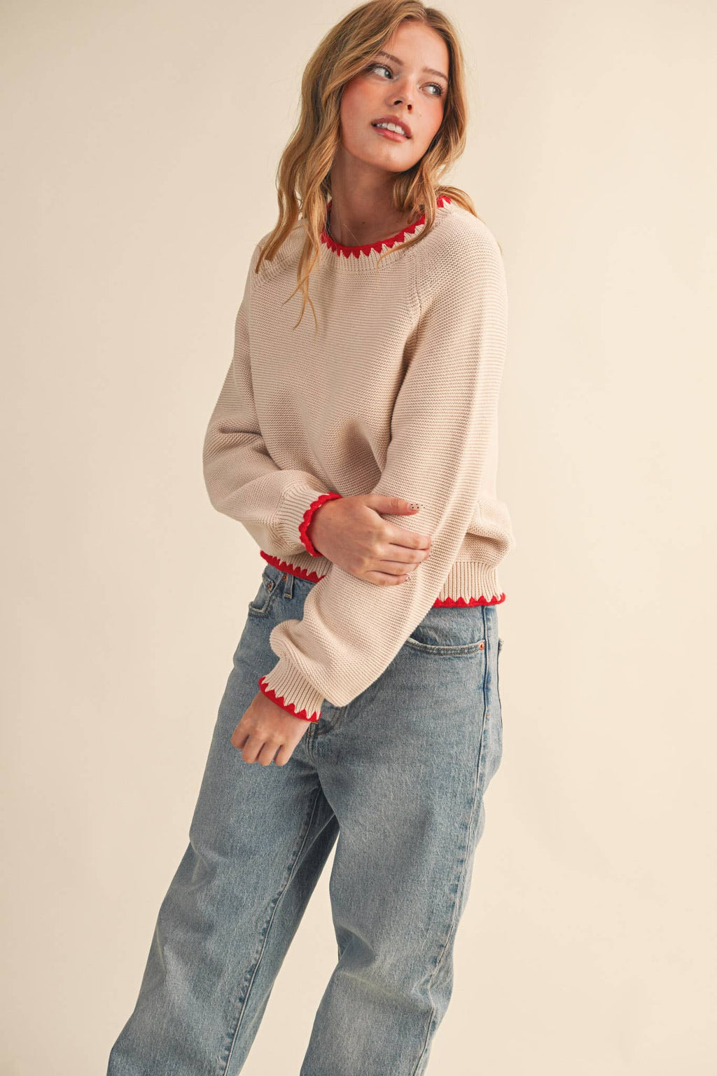 Contrast Stitch Puff Sleeve Sweater