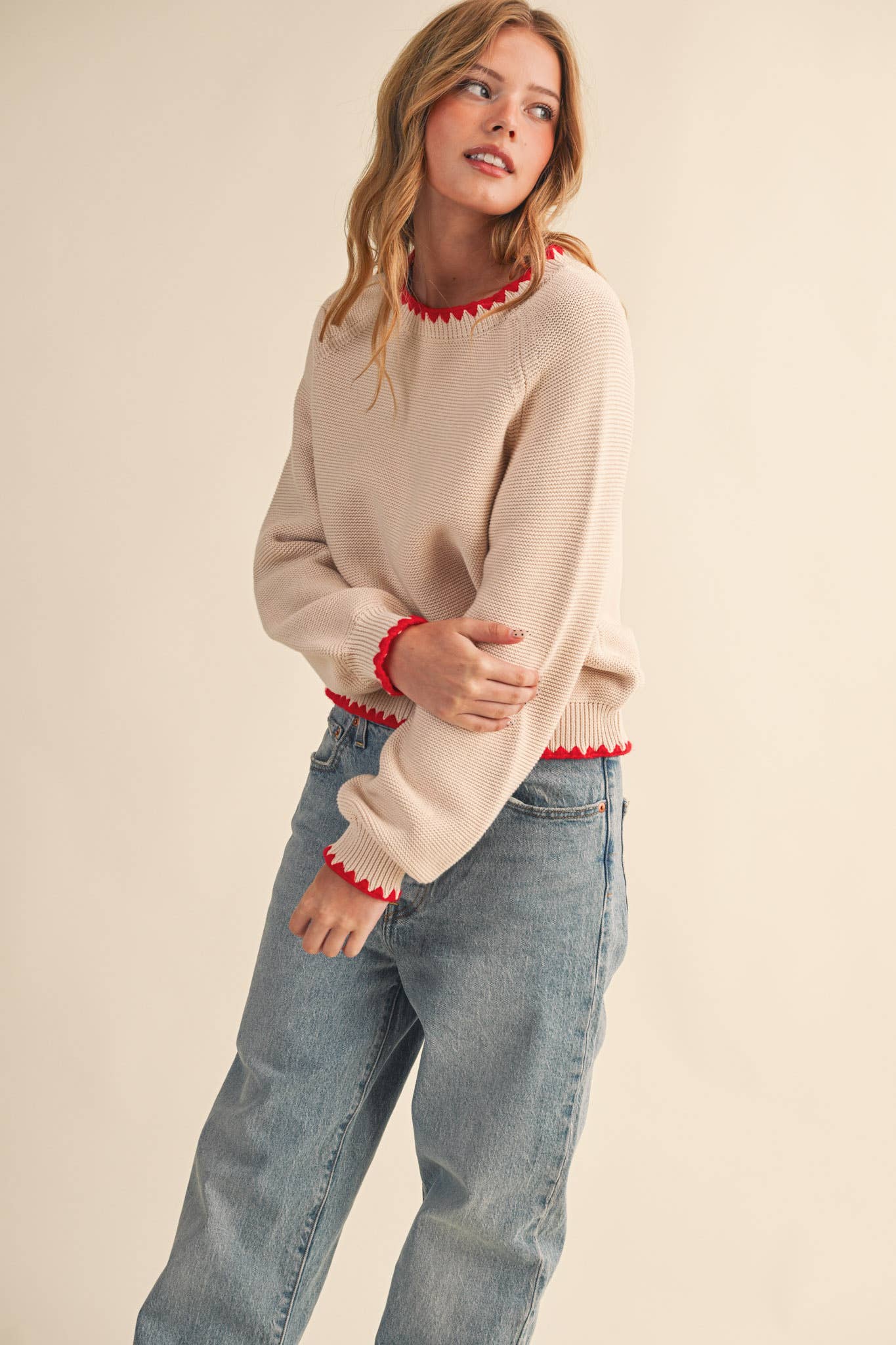 Contrast Stitch Puff Sleeve Sweater