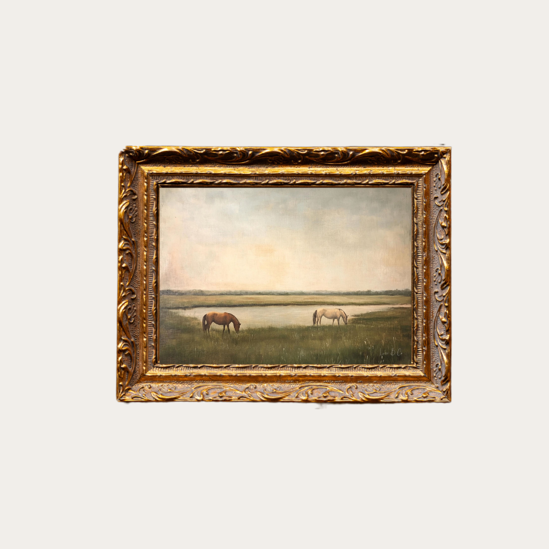 Grazing Horses French Brass Gold Mould Framed Art