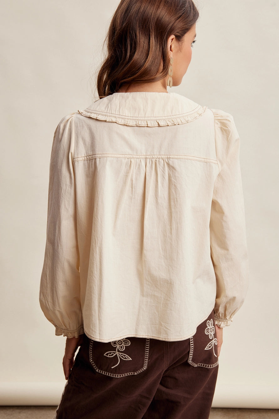 Contrast Stitch Ruffle Collar Blouse