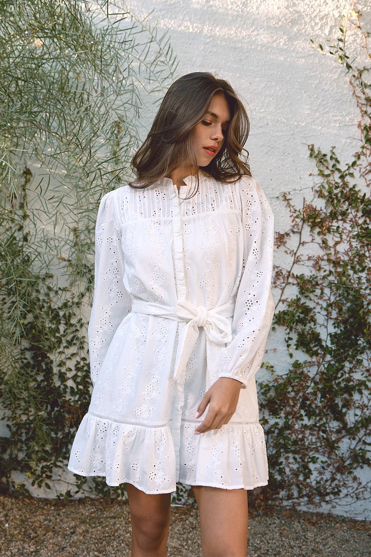 Ruffle Pintuck Dress With Tie