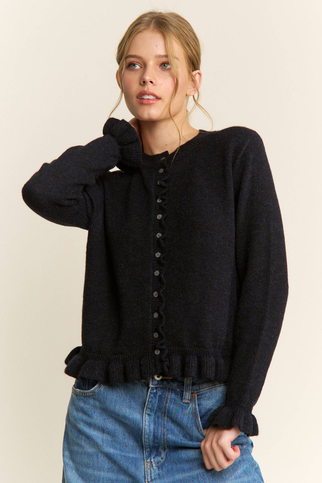 Ruffle Trim Button-Up Cardigan