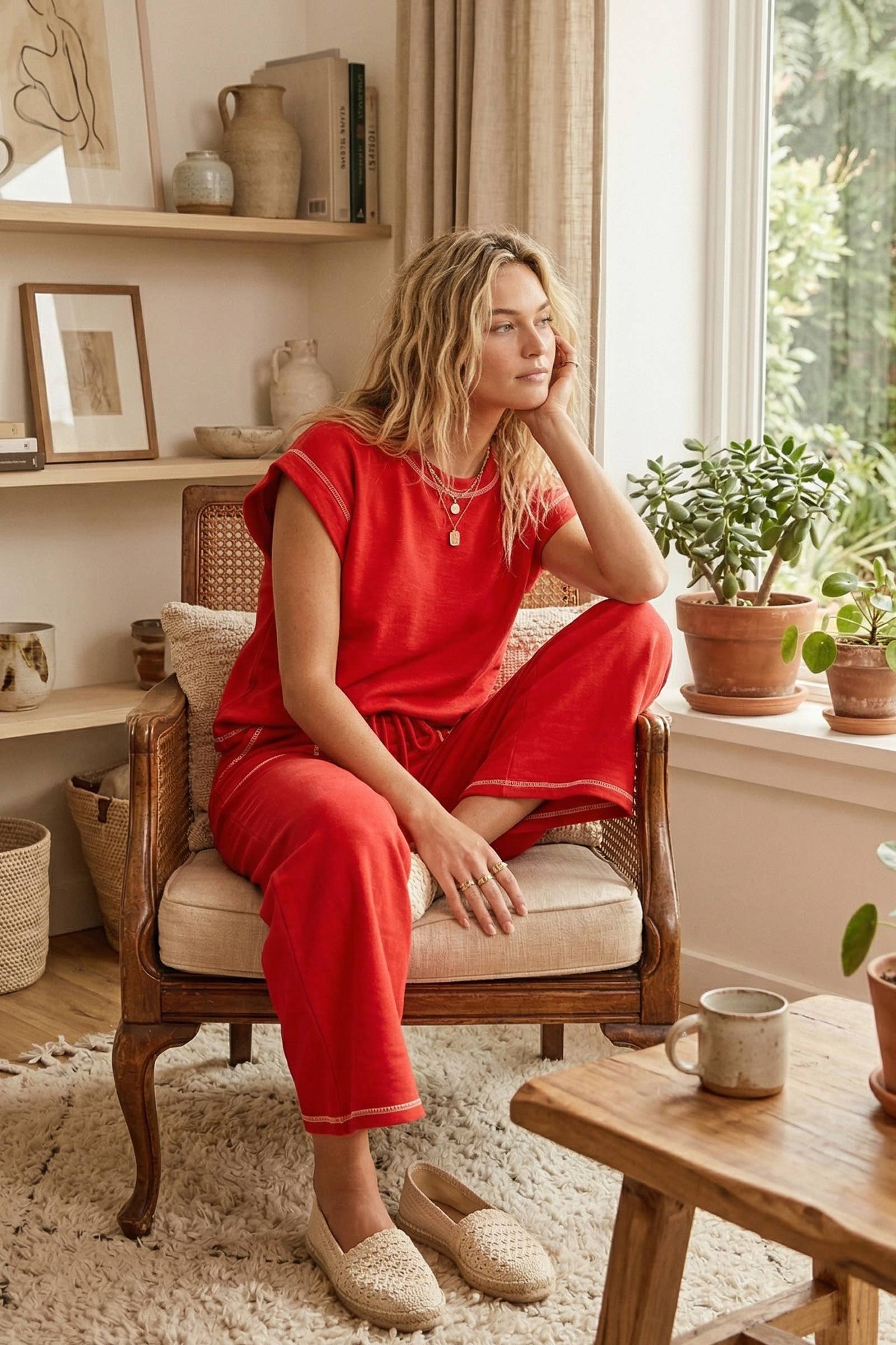 Scuba Contrast Stitch Lounge Set in Red