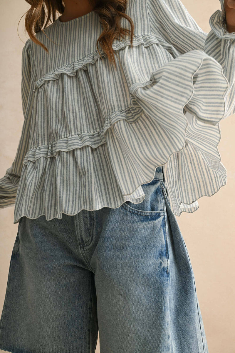 Striped Pattern Ruffle Detail Blouse