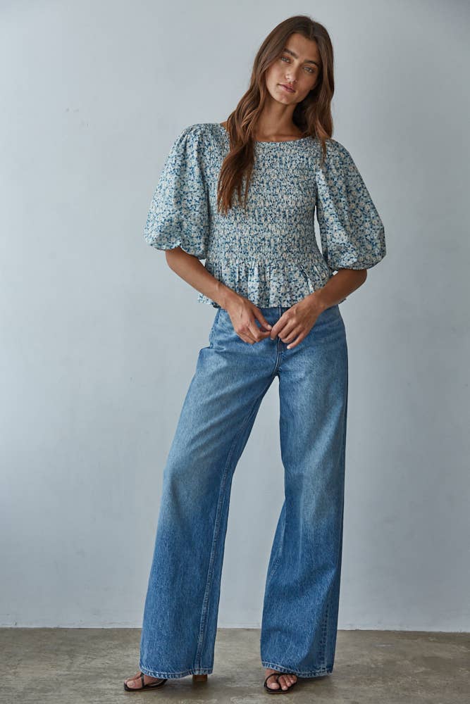 Floral Balloon Smocked Top