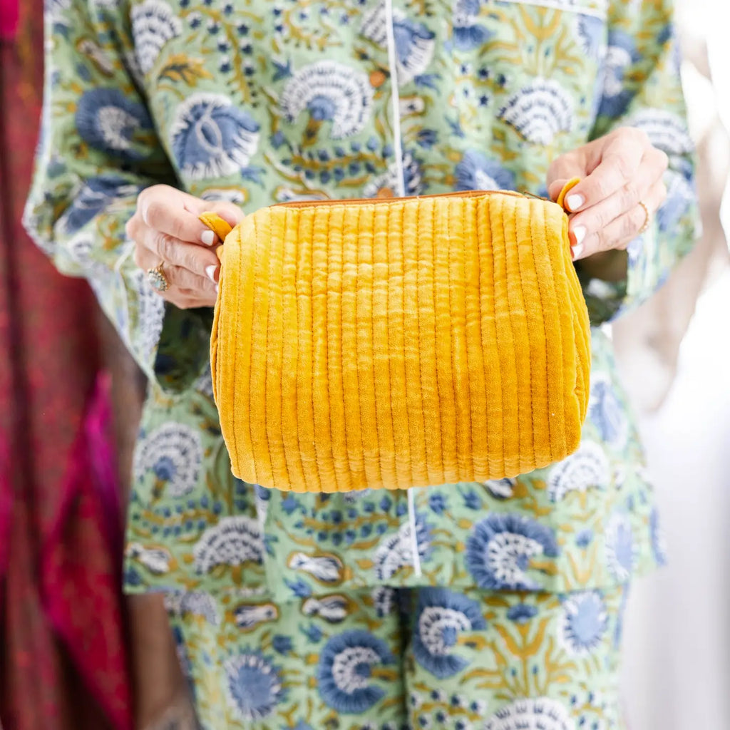 Velvet & Block Print Lined Cosmetic Pouch