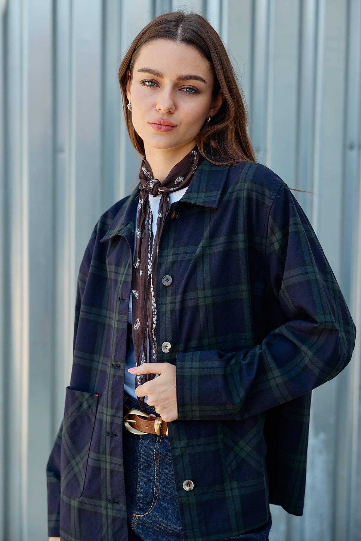 Navy Plaid Button Front Pocket Jacket