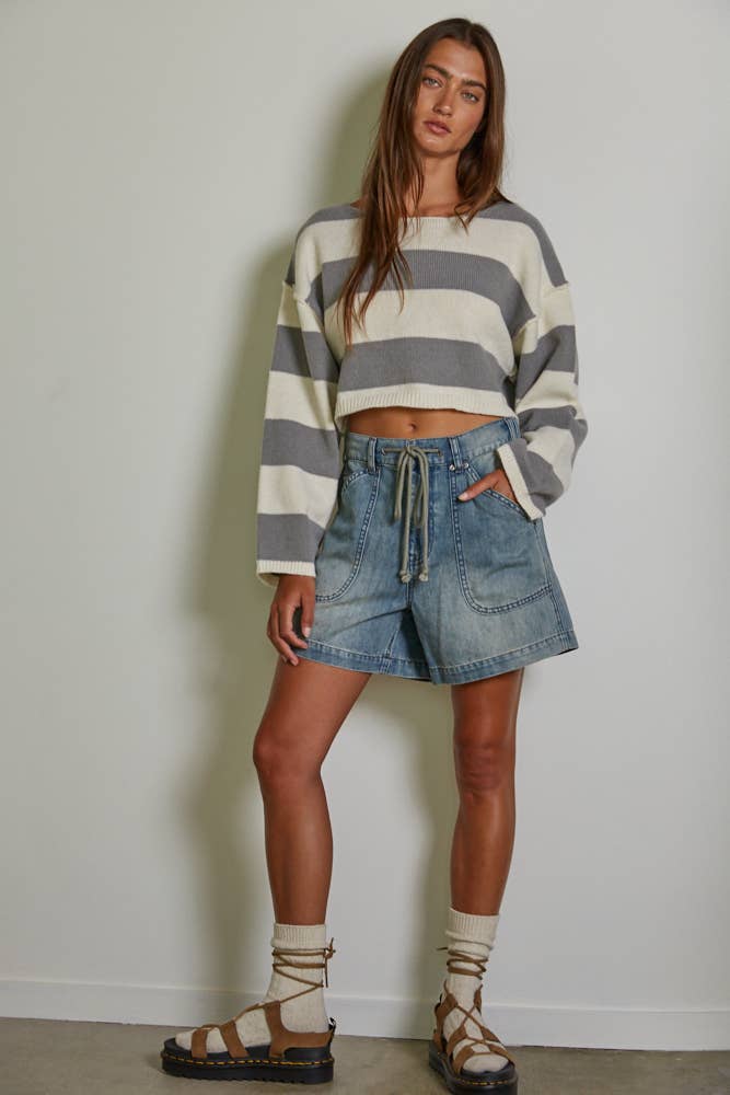 Denim Straight Leg Drawstring Shorts