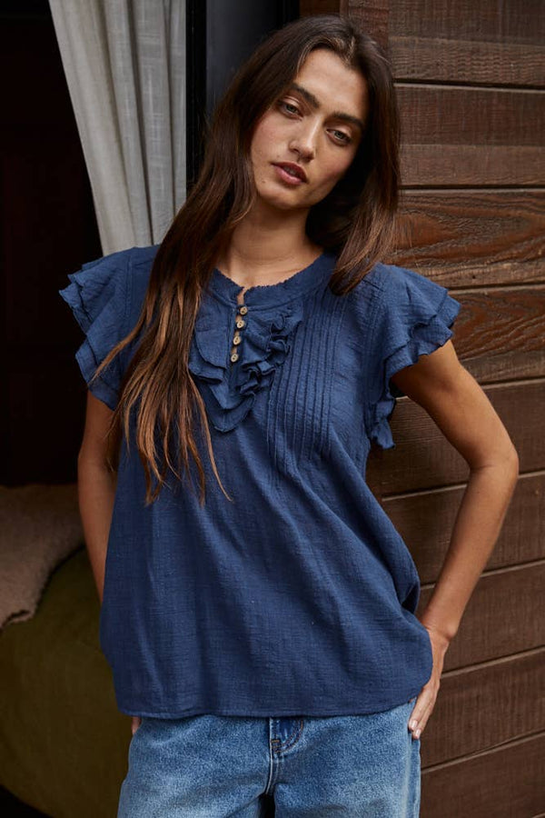Linen Button V-Neck Short Sleeve Top