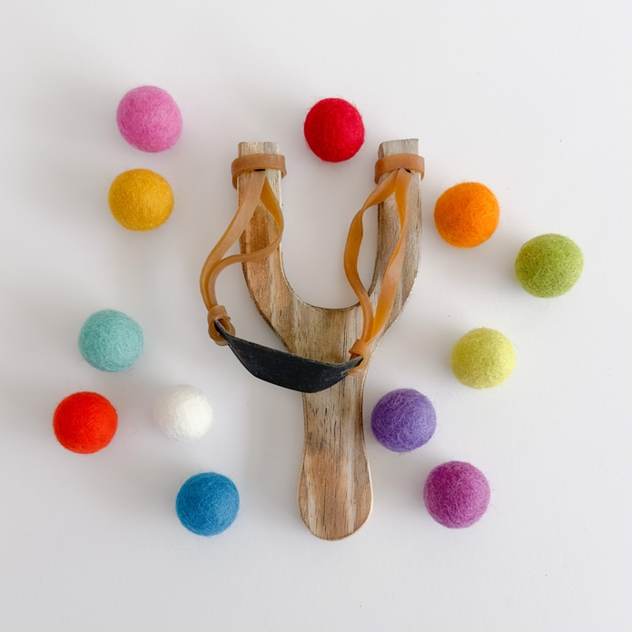 Wood Slingshot with Brights 12 Felt Balls