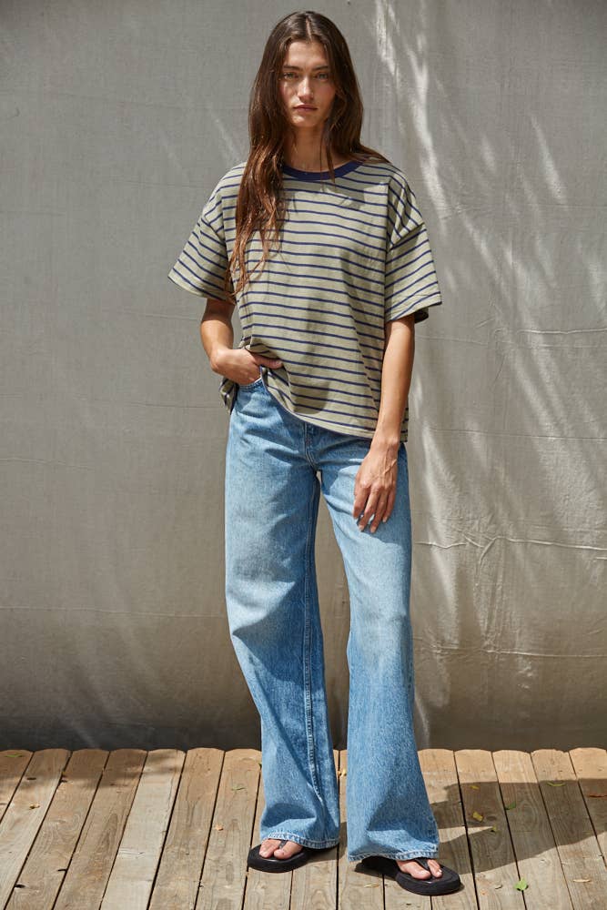 Striped Crew Neck Top in Natural Navy