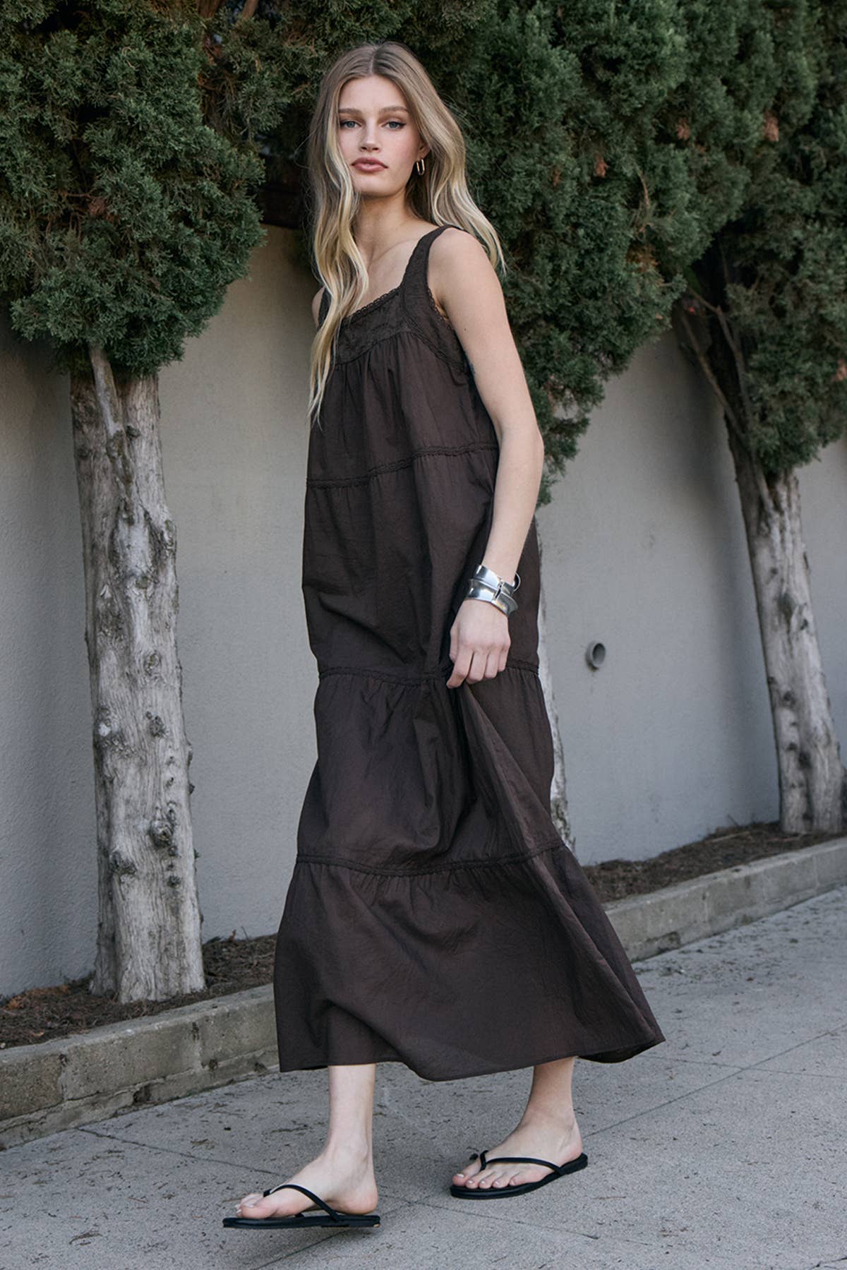 Lace Trim Tiered Maxi Dress in Chocolate