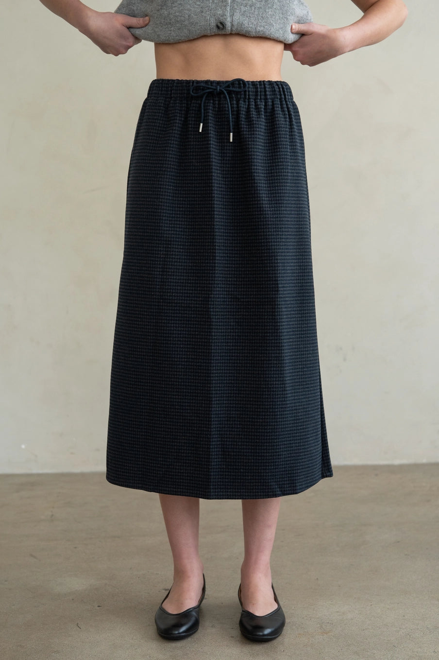 Micro Gingham Pull-On Midi Skirt