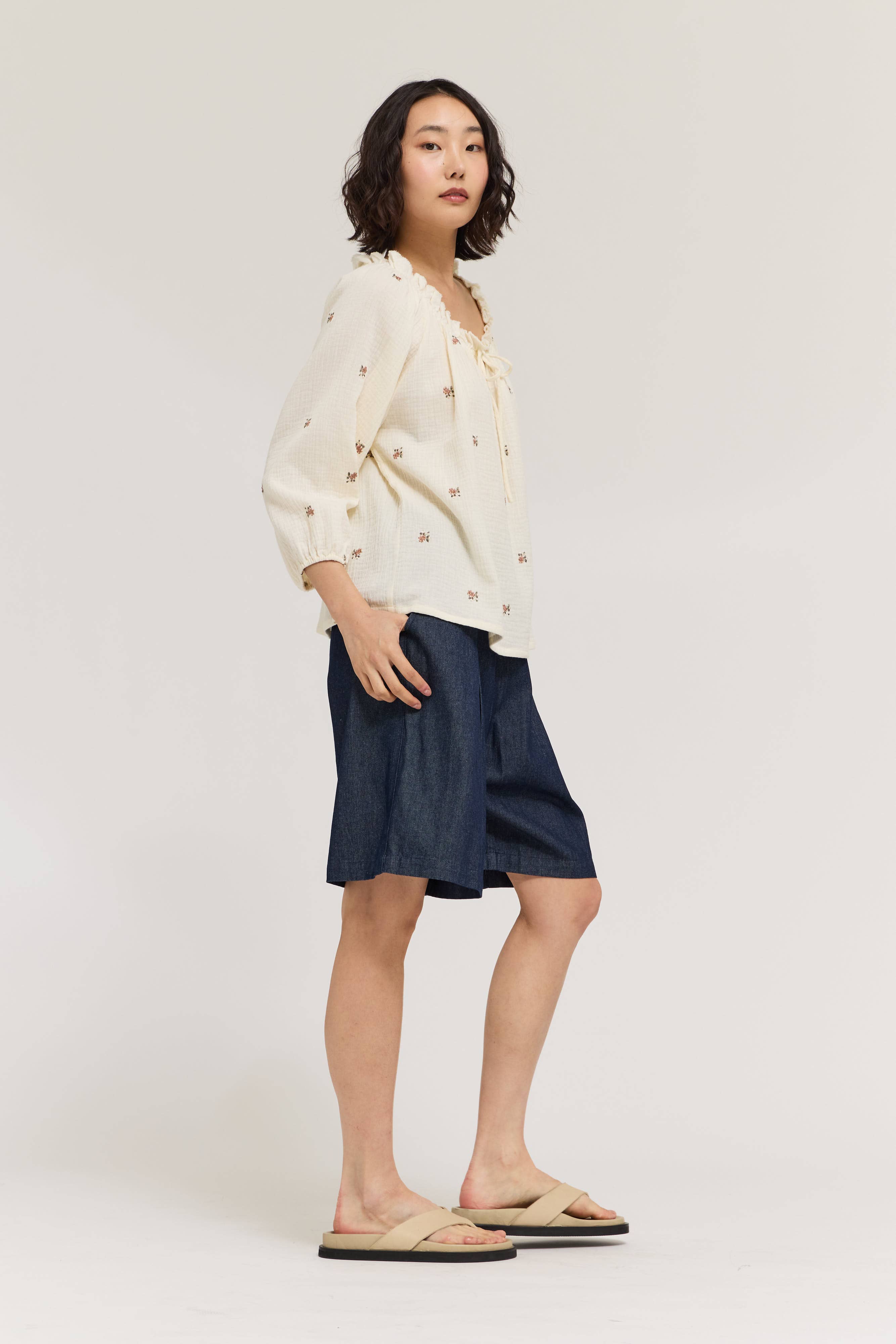 Embroidered Gauze Drawstring Blouse