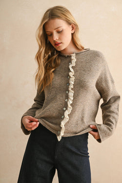 Button Front Lace Trim Knitted Cardigan