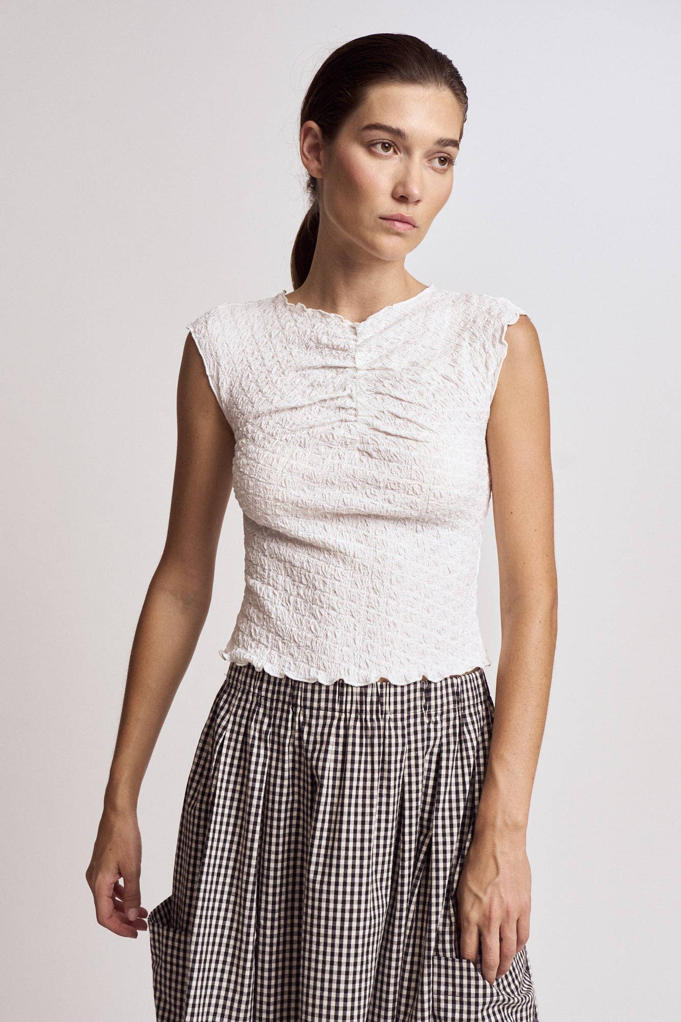 Pleat Waist Gingham Skirt