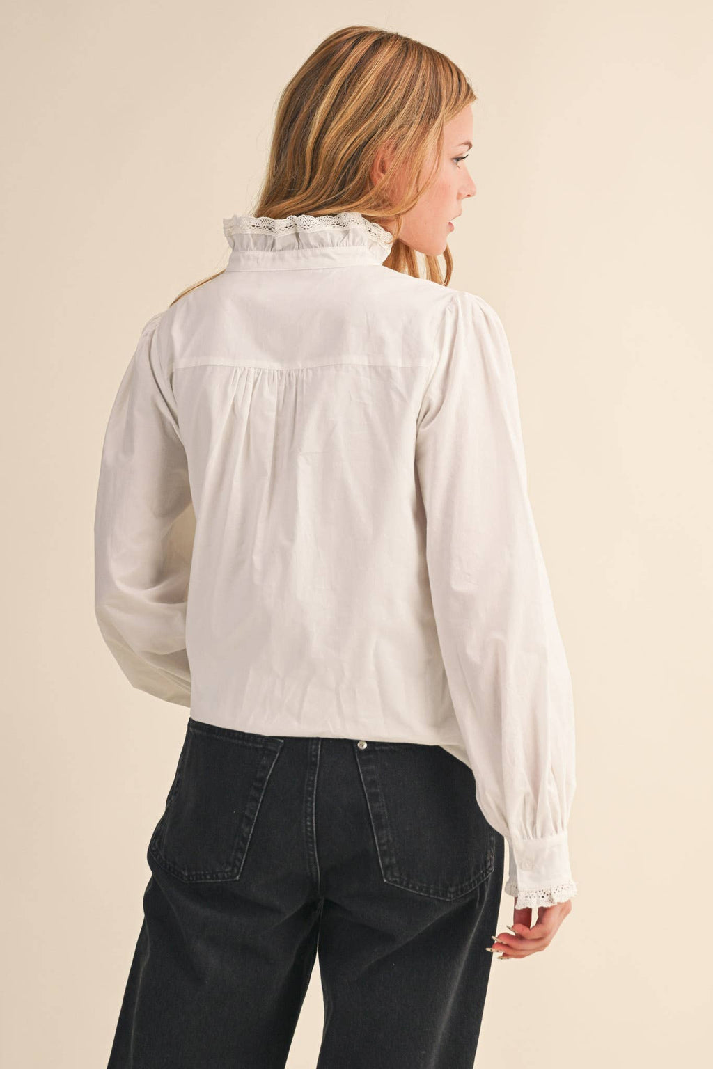 Ruffled Lace Trim Button Down Top