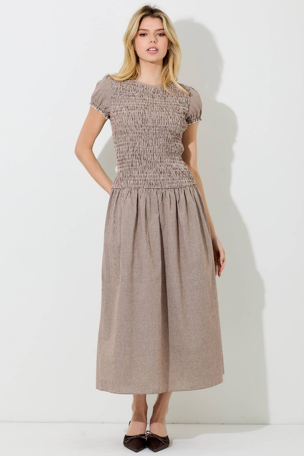 Gingham Smocked Short Sleeve Midi Dress