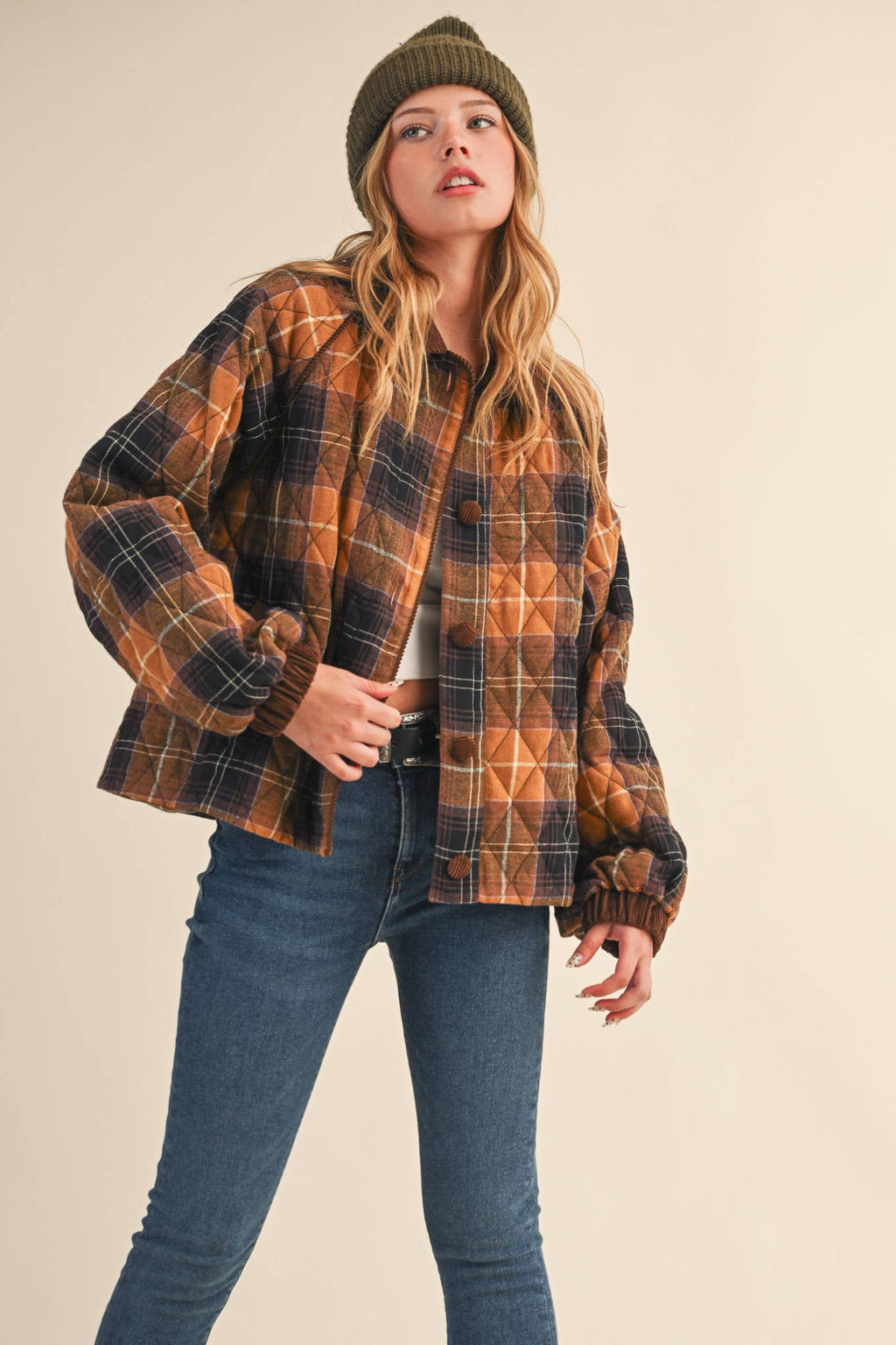 Plaid Quilted Jacket with Contrast Corduroy Detail