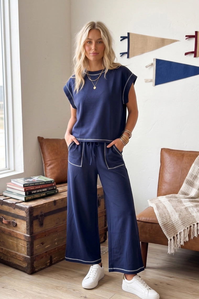 Scuba Contrast Stitch Lounge Set in Navy