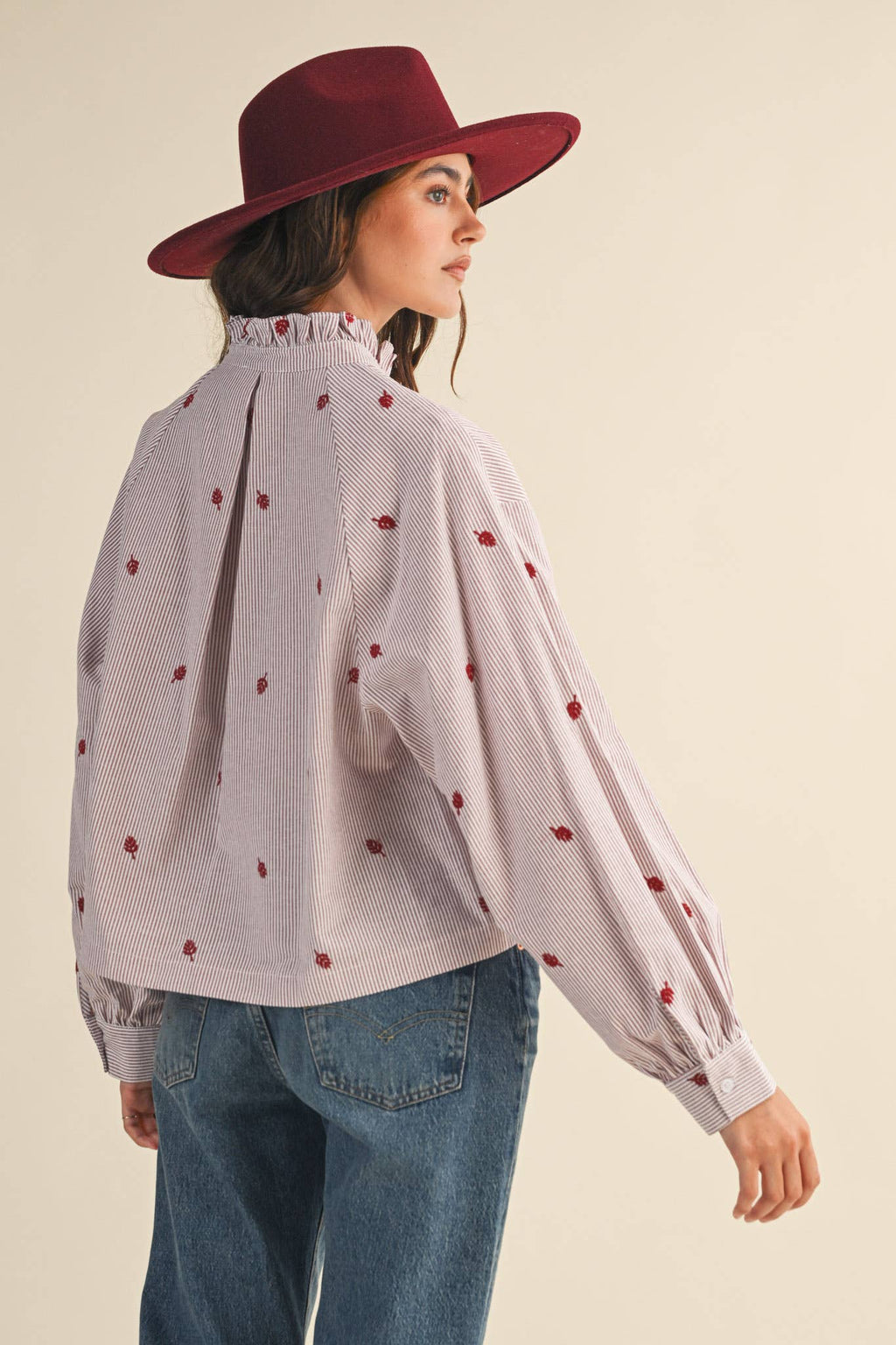 Embroidered Mock Neck Striped Button Up