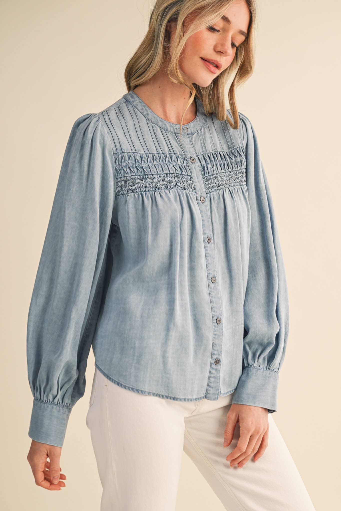 Chambray Pintuck Detail Button Down Top