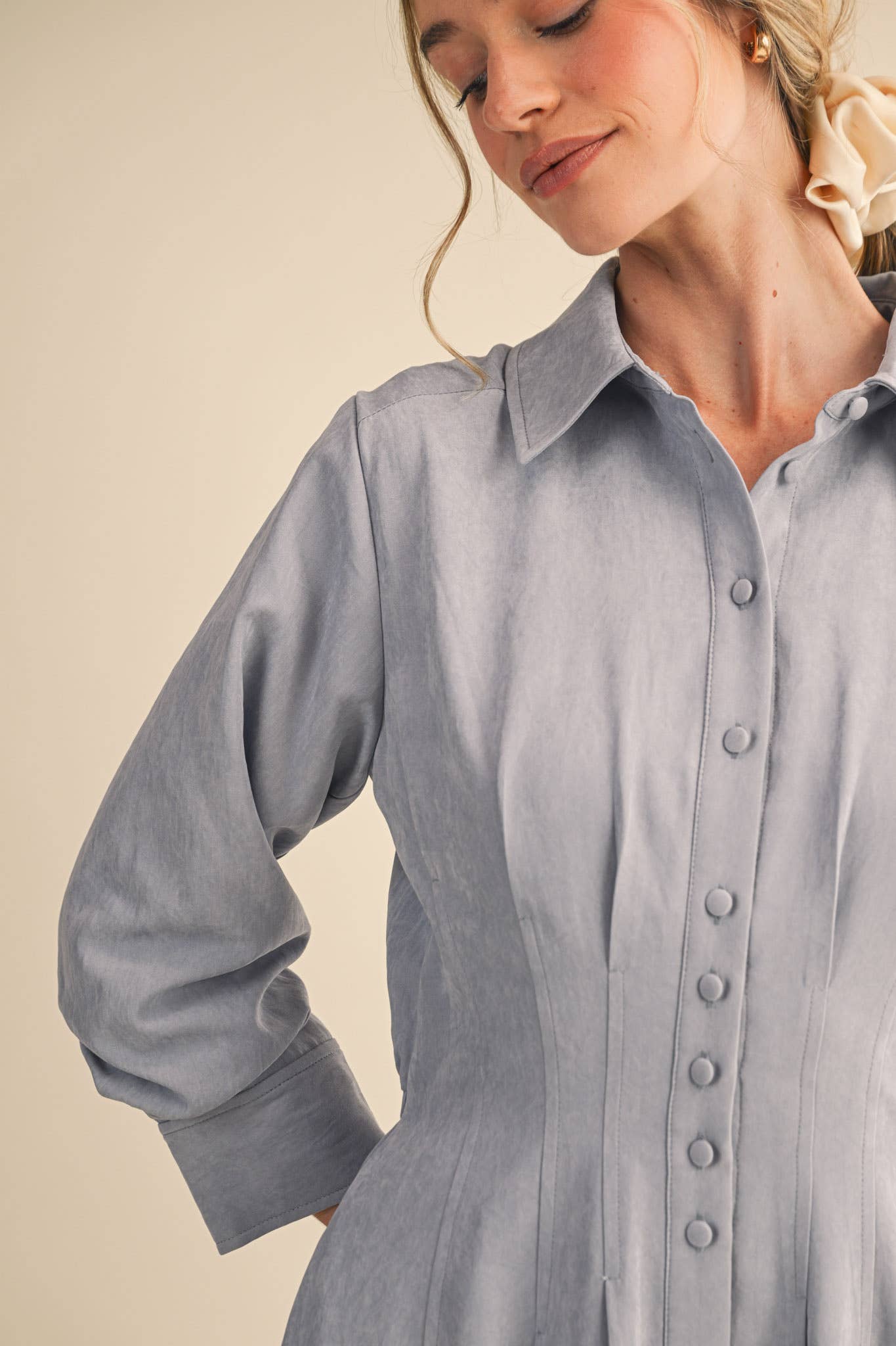 Pleated Waist Button Down Midi Dress