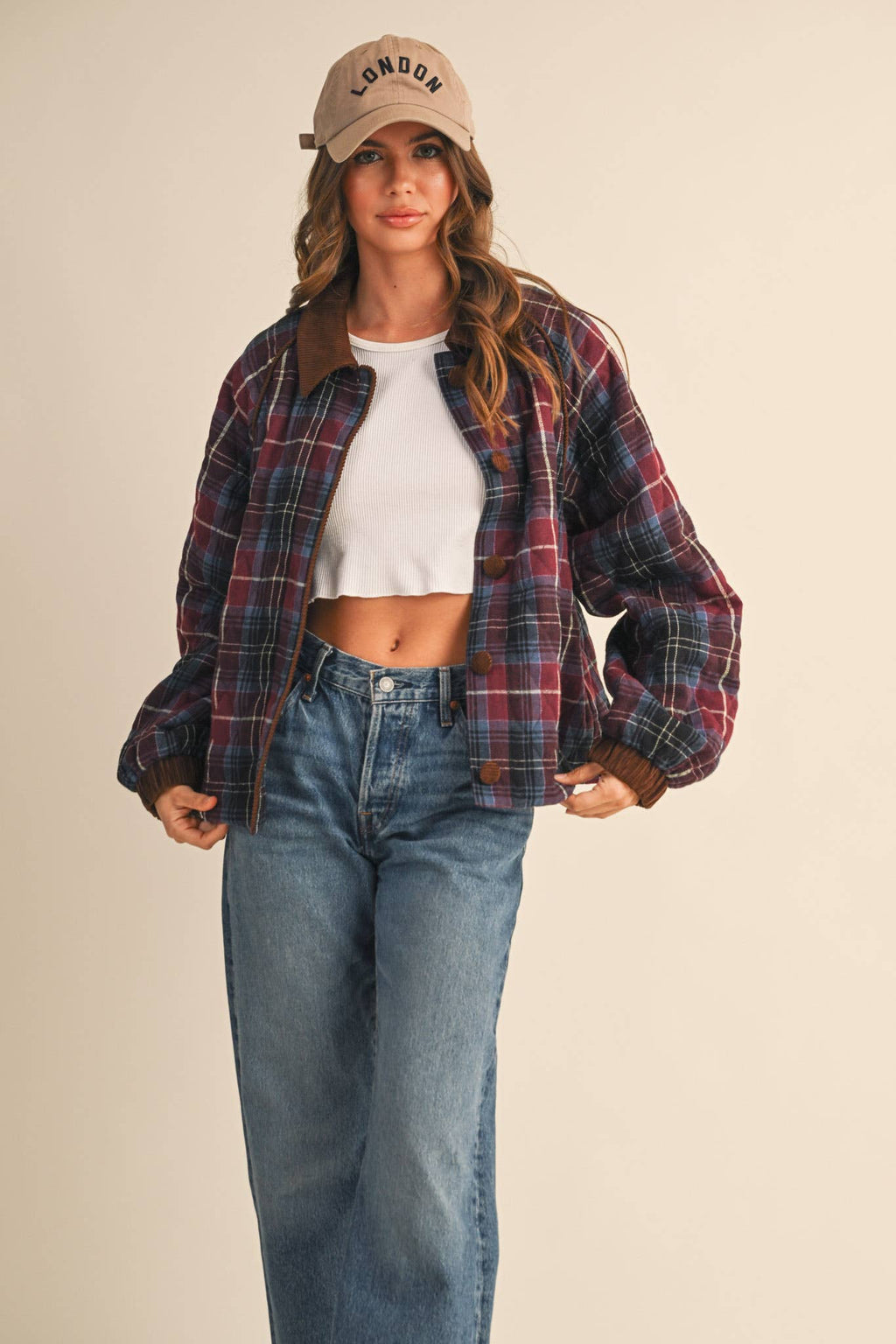 Plaid Quilted Jacket with Contrast Corduroy Detail