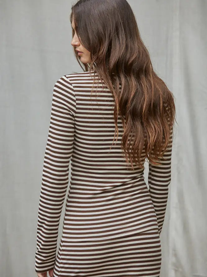 Spandex Stripe Mock Long Sleeve in Cream Brown