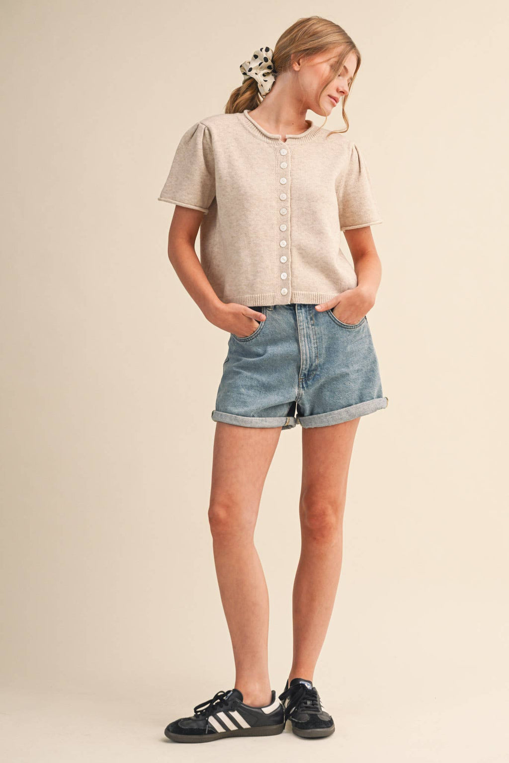 Short Sleeve Sweater Cardigan in Ivory Beige