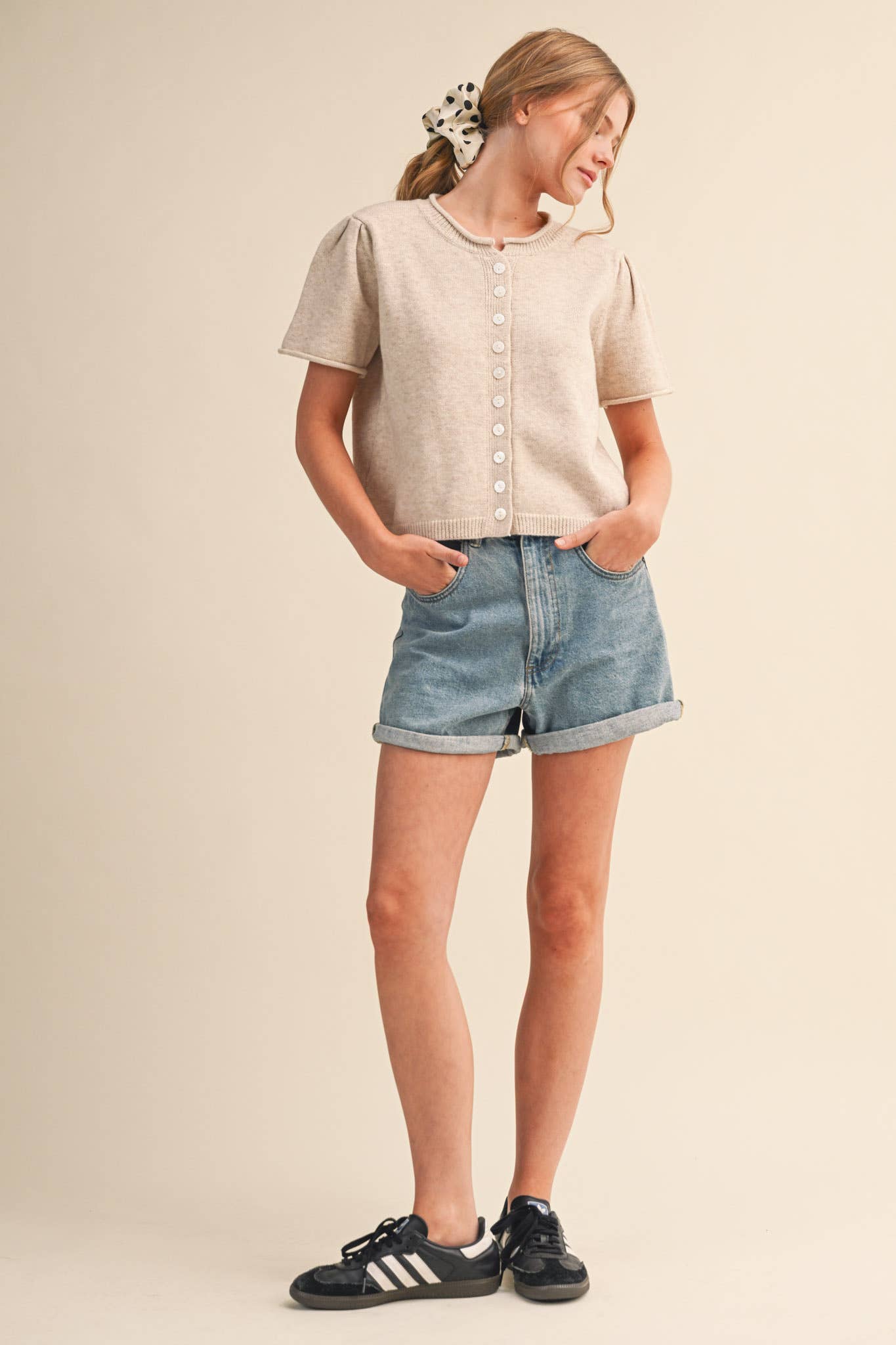 Short Sleeve Sweater Cardigan in Ivory Beige