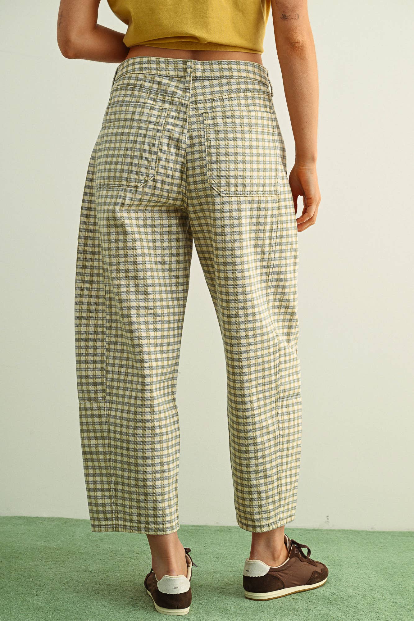 Mini Checker Pattern Barrel Pants in Olive Mist