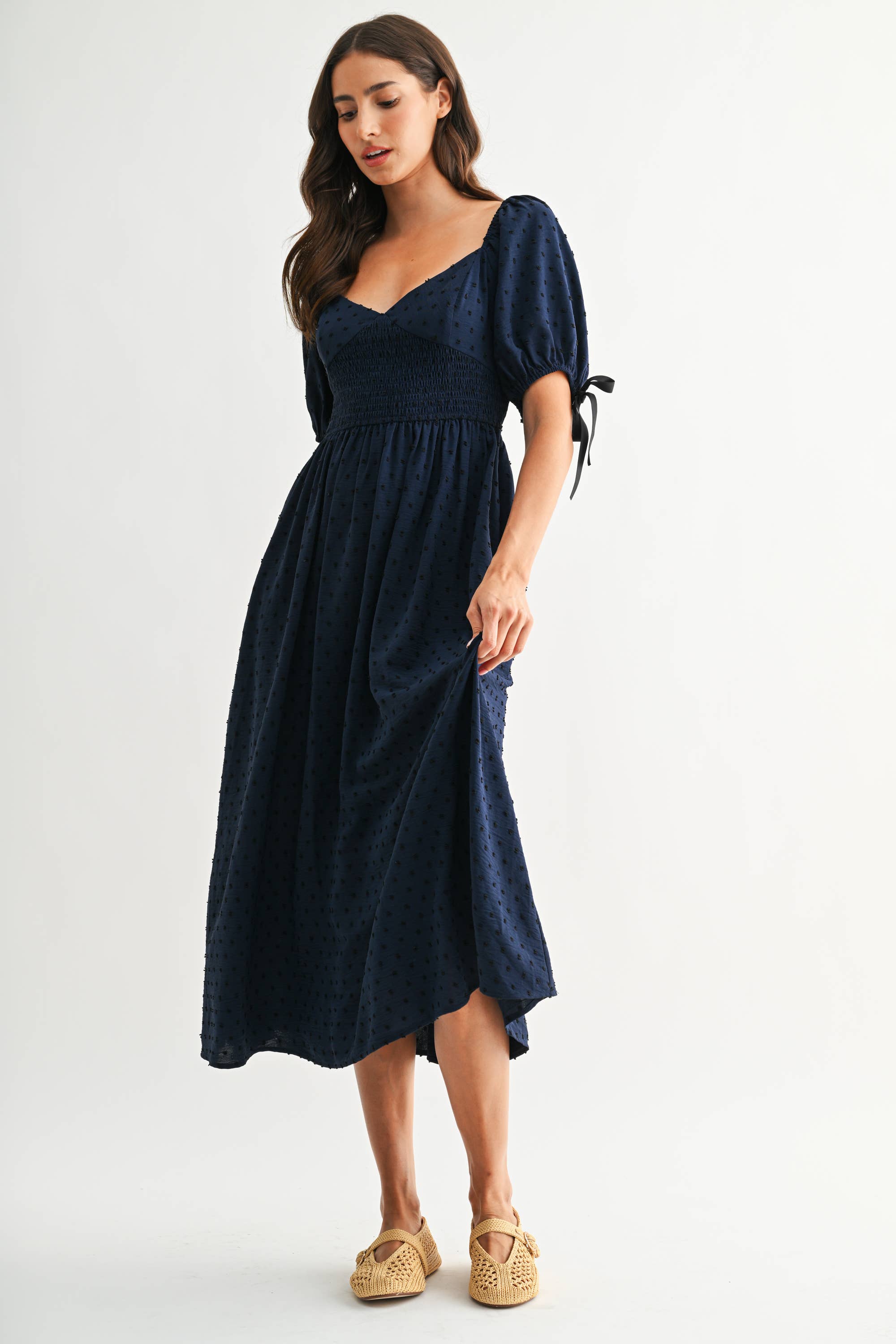 Smocked Bodice Textured Midi Dress