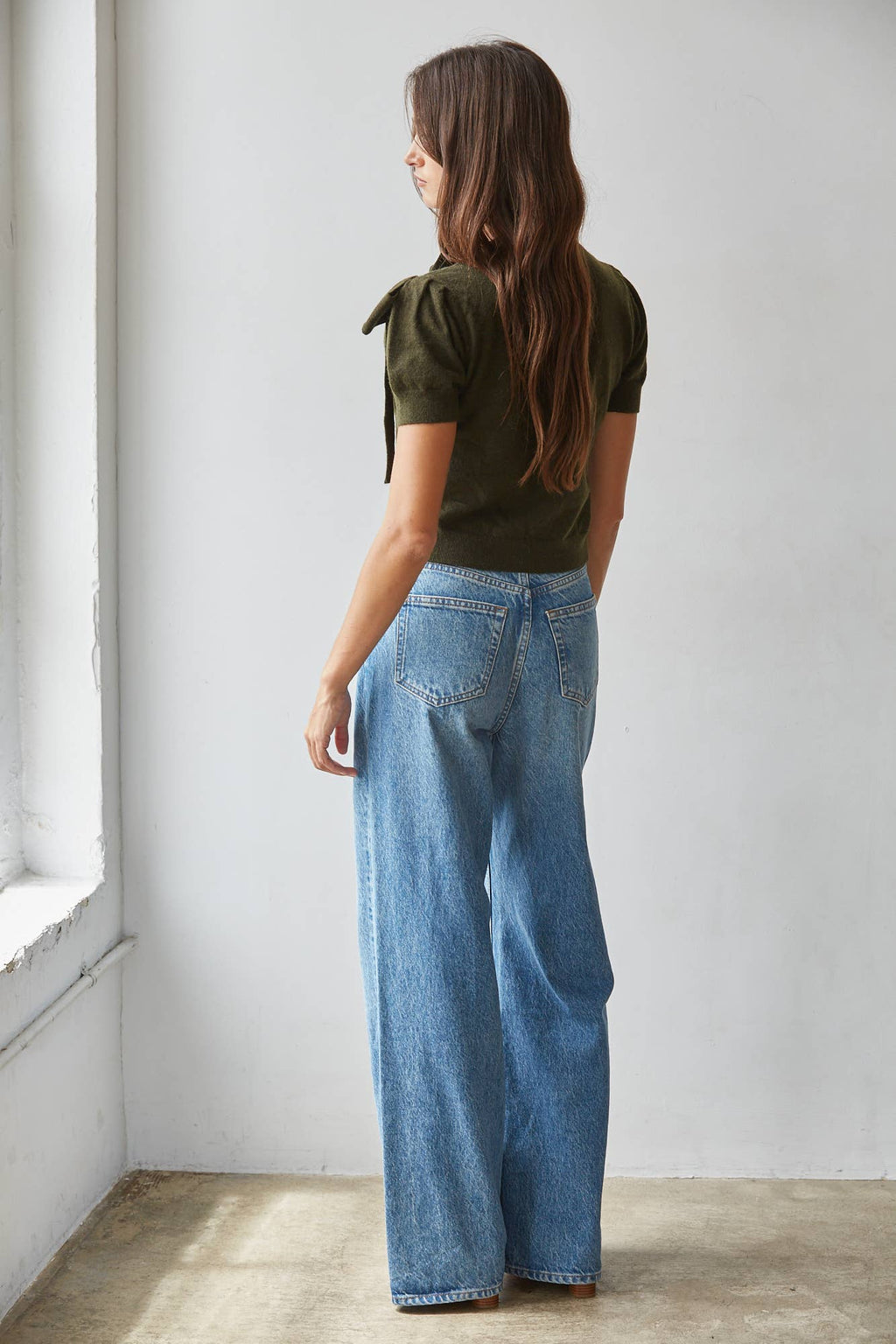 Shoulder Bow Knit Sweater in Dark Olive