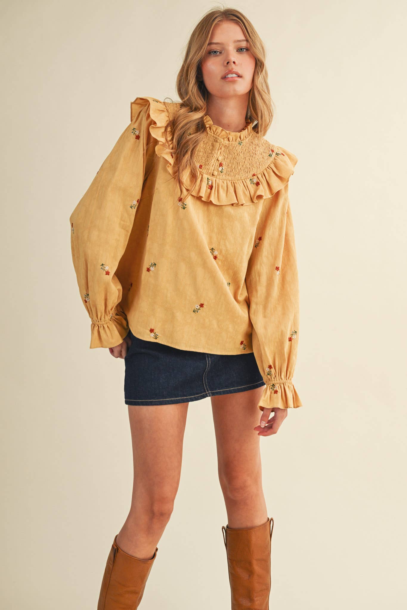 Smocked Yoke Embroidered Blouse