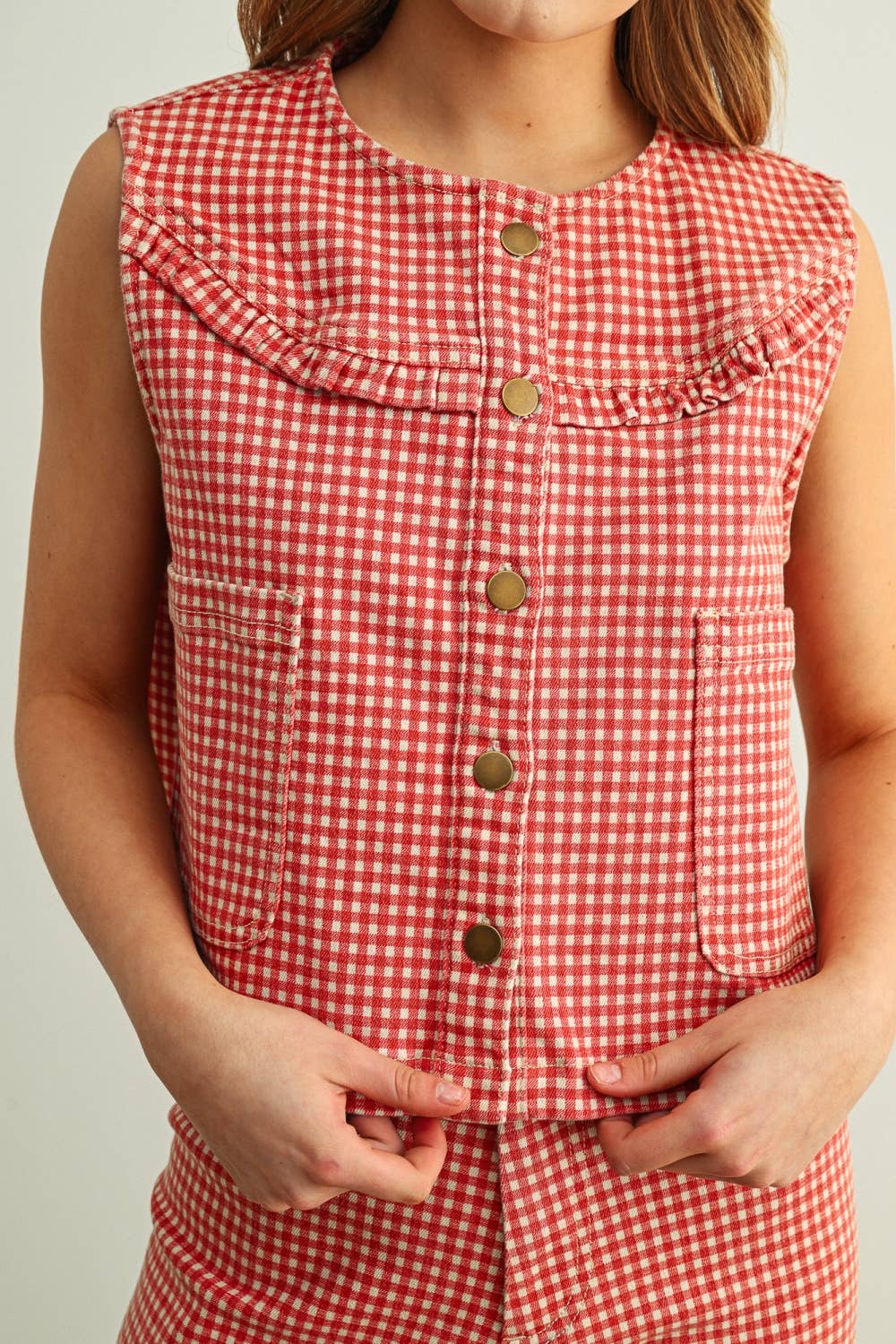 Red Gingham Button Front Vest