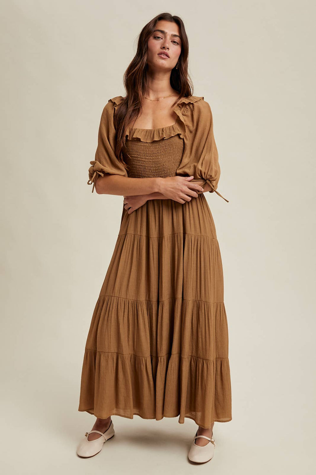 Ruffle Detail Tiered Midi Dress