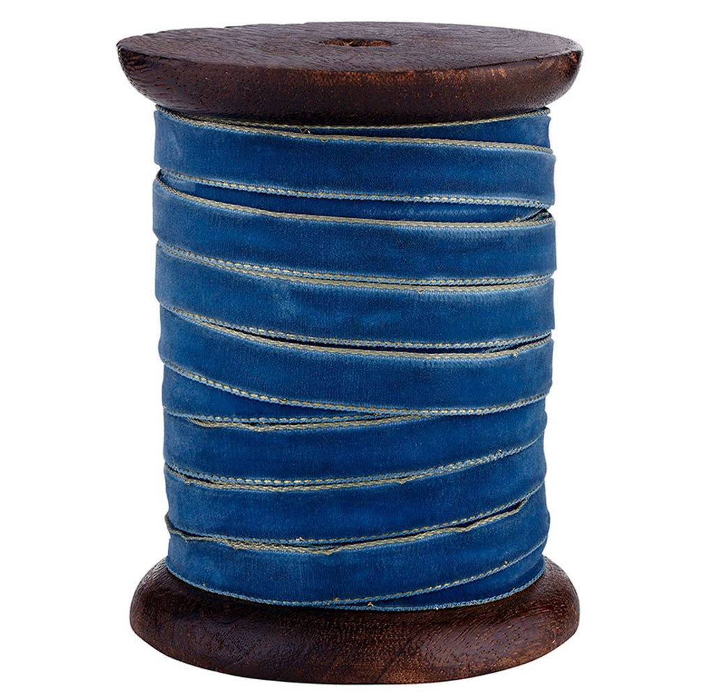 Smoky Blue Gold Edge Velvet Ribbon Spool