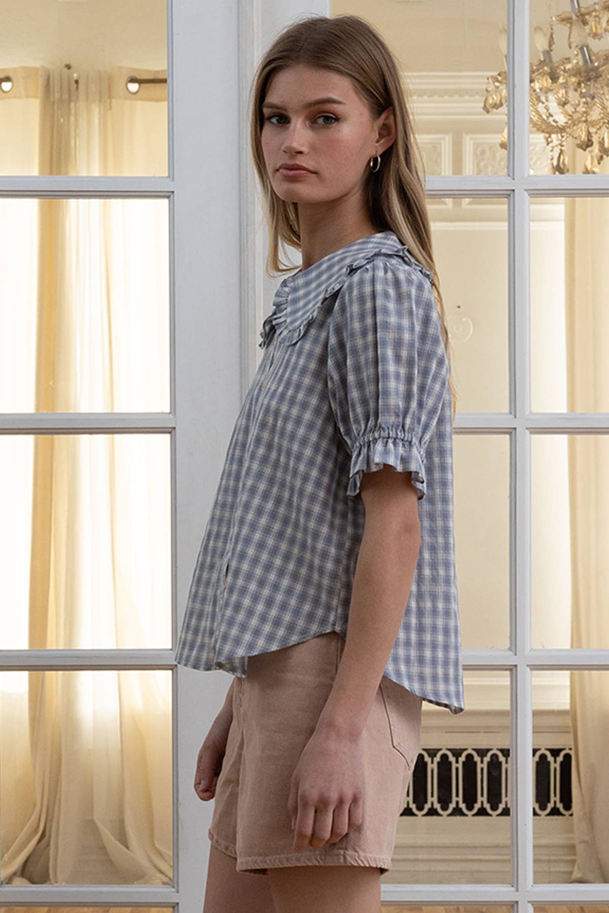 Ruffle Collar Gingham Blouse